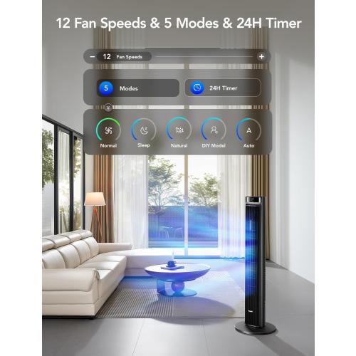 GoveeLife 42 in. Tower Fan, 150 Deg Oscillation, 5 Modes 12 Speeds, Black