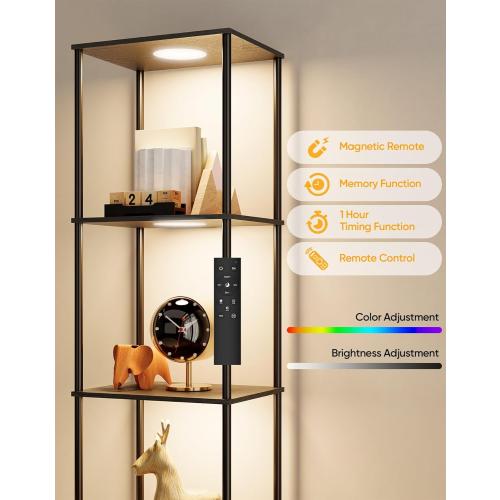 Display Shelf with RGBW Light, Color Changing Curio Cabinet Floor Lamp with Shelves Corner Standing Column Lamp Etagere Organizer Tower Nightstand Bookcase for Living Room Bedroom Office Décor Black
