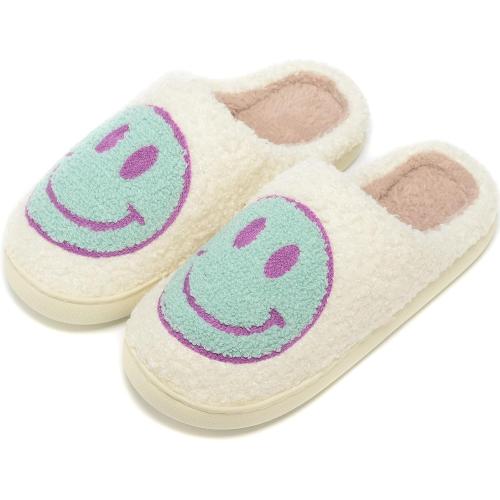SIZE 40-41-Retro Fuzzy Face Slippers for Women Men, Retro Soft Fluffy Warm Home Non-Slip Couple Style Casual Smile Face Slippers Indoor Outdoor Anti-Skid Warm Cozy Foam Slide Fuzzy Slides with Soft Memory Foam Shoes