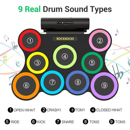 Electric Drum Set 9-Pad With Headphone, Bigger Roll-up Drum Pad USB MIDI Game, Built-in Speaker, Drum Sticks, Foot Pedals 10 Hours Playtime Holiday Xmas Birthday Gift for Kids