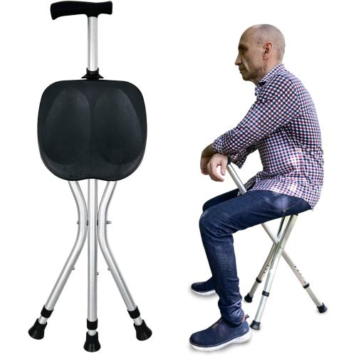 Portable Adjustable Folding Walking Cane with Seat Allows Durability While Walking and Convenience for Sitting, Alloy Crutch Chair, Anti-Slip Lightweight Walking Stick for Seniors