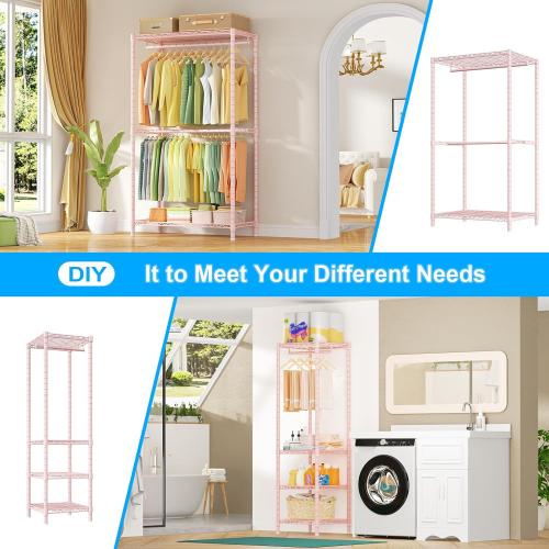 Ulif E10 Clothes Rack（With Stretchable Hanger Rod）Freestanding Clothing Racks for Hanging Clothes，Adjustable Closet Organizer System，Portable Garment Rack 73-97W x 15 D x 72 H，Max Load 800LBS，Pink