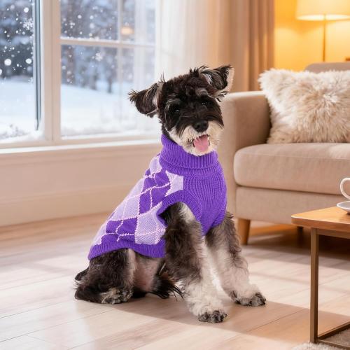 KOOLTAIL Dog Sweater, Knit Turtleneck Cold Weather Dog Sweaters for Small Medium Large Dogs,Soft Diamond Plaid Pullover Knitwear Pet Winter Warm Clothes,Pet Coat Puppy Sweater for Girls Boys,Purple L