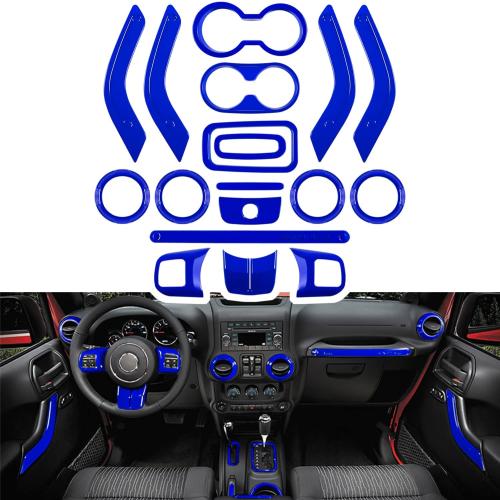 E-cowlboy 18 PCS Full Set Interior Decoration Trim Kit Steering Wheel Center Console Door Handle Air Conditioning Vent Cup Holder Gear Cover Trim for Jeep Wrangler JK JKU 2011-2018 4-Door (Blue)