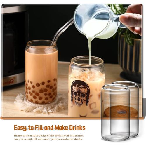 Glass Cups with Lids and Straws 6 pcs, 16 oz-DWTS Cute Tumbler,Beer Drinking Glasses,Clear for Iced Coffee, Tea with Bamboo Lids for Gifts
