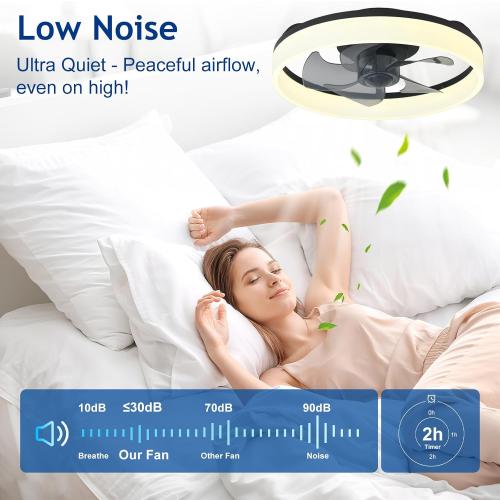 DLLT LED Ceiling Fan with Light: 16 Modern Low Profile Flush Mount Fandelier with App & Remote Control - Dimmable Black Bladeless Fan Light Fixture for Bedroom Kids Room Living Room