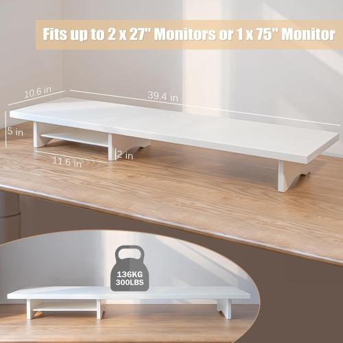 Bamboo Dual Monitor Stand Riser White, 2-Tier Desk Monitor Riser for 2 Monitors, Supports for PC Computer Monitor, Printer, Heavy TV Riser up to 300 lbs, White