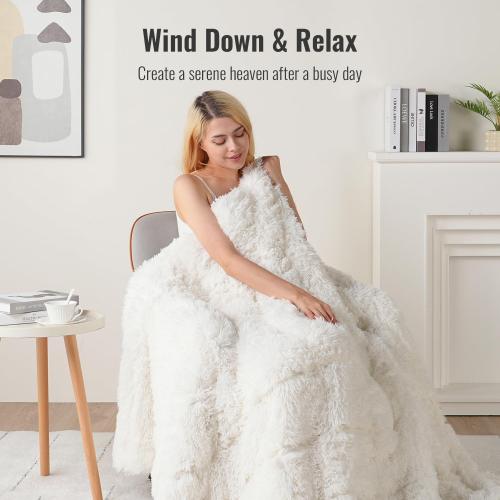 Uttermara Shaggy Faux Fur Weighted Blanket 15lbs, Super Soft Plush Fleece and Cozy Sherpa Reverse, Decorative Long Fur Throw Blankets 48x72 15LBS Cream