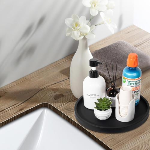 Silicone Bathroom Tray Round Vanity Tray Decorative Soap Holder Kitchen Countertop Organizer Coffee Table Decor for Candle, Perfume, Plant, 11 Inch, Black