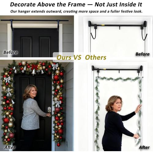 Garland Hanger for Door Frame – Adjustable Fits 28-50 Single Doors, Heavy-Duty 15 Lbs, No Hardware No Drill No Damage, Reusable Christmas Halloween Decoration Holder for Wreaths (Single Door)