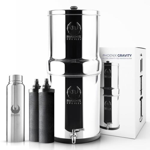 2.25 G | Gravity Water Filter | NSF Certified | AISI 304 Stainless Steel Countertop Water Filter | 2 Carbon Filters | Steel Spigot | Manual Install | No Electricity or Plumbing Required | Portable