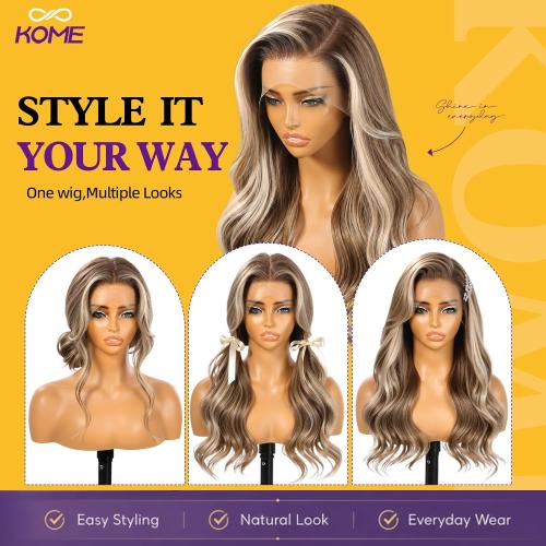 KOME Brown Highlight Wavy 13×6 Synthetic Lace Front Wig for Women 22IN