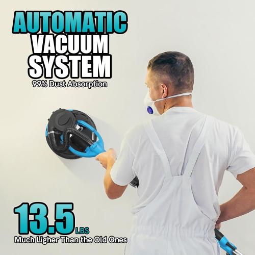 Drywall Sander with Vacuum Dust Collector, 880W Popcorn Ceiling Remover, Variable Speed 1000-2100RPM, LED Light, Foldable & Extendable Handle, 12 Sanding Discs
