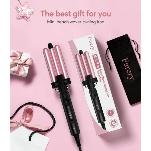Farery Mini 3 Barrel Hair Waver - Portable Beach Wave Curling Iron for Short Hair, 1/2 Inch Ceramic Crimper with 3 Temp Settings & 30s Fast Heating, Dual Voltage Travel Hair Waver for Women, Pink