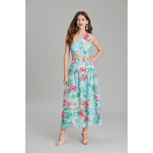 Size L/XLSunfere ..French Embroidery Cut-Out Print one-Shoulder, one-Waist Dress