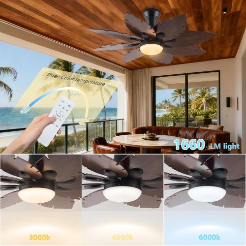 52'' Palm Leaf Ceiling Fans with Lights,Handmade Wooden Dual Fan Blades,Tropical Ceiling Fans with Remote,22W 3 Color LED Light, DC Reversible Motor, Low Profile Ceiling Fan for Patio, Living room