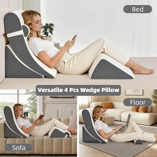 4PCS Orthopedic Bed Wedge Pillow Set for Post Surgery & Pain Relief, Adjustable Wedge Pillow for Back,Acid Reflux,Sitting up in Bed,Recovery,Snoring,Body Pillow for Sleeping (White/Dark Grey)