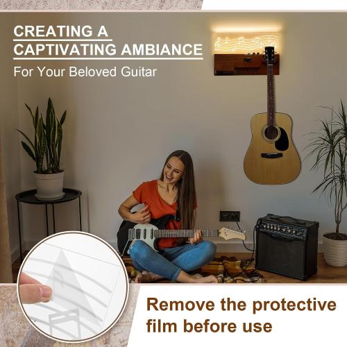 Light up Guitar Stand Wall Mount Wood Hanger Shelf with Pick Holder and 3 Hooks for Acoustic Electric Bass Ukulele Violin Guitar Gifts for Musicians Music Lovers Guitarist (Dark Color)