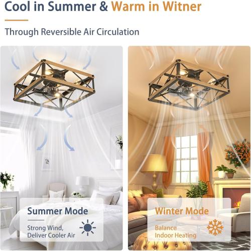 Caged Ceiling Fan with Lights, Farmhouse Rustic Square Flush Mount Ceiling Fan with Light and Remote, Reversible 7 Speeds Motor, Small Bladeless Ceiling Fans for Living Room, Bedroom, Kitchen