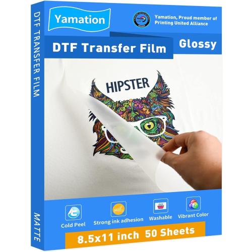 Yamation DTF Transfer Film Glossy: 8.5 x 11inch 50 Sheets PET Paper Glossy Clear Cold Peel Direct to Film Transfer Film for Tshirt