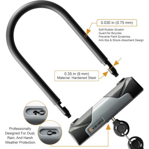 Grey and Black 4Ft Via Velo Bike U-Lock with Cable, Heavy Duty Anti-Theft Bicycle U Locks with 8mm Braided Steel and 3 Keys, 4ft Length Security Cable for Bike, Scooter Mountain Road Bike