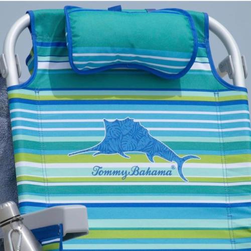 Tommy Bahama 5 Position Beach Chair, Towel Bar, Pillow for Extra Comfort, Heavy-Duty Weight Capacity,Safety Locking Hinges on Rear Legs, 2-Pack (Aqua Stripes)