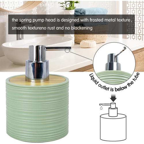 CERBIOR Bathroom Accessories Set 6 Piece Bamboo Bath Ensemble Includes Soap Dispenser, Toothbrush Holder, Toothbrush Cup, Soap Dish for Decorative Countertop and Housewarming Gift, Sriral Green