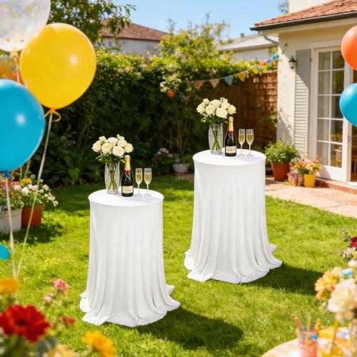 2 Pack Cocktail Table Tablecloth with Skirts 32 x 43Inch Soft Fabric Round High Top Table Cover Stretch Reusable Tablecloth Skirt Cocktail Tablecloths for Wedding Party Banquet Table Bar, White