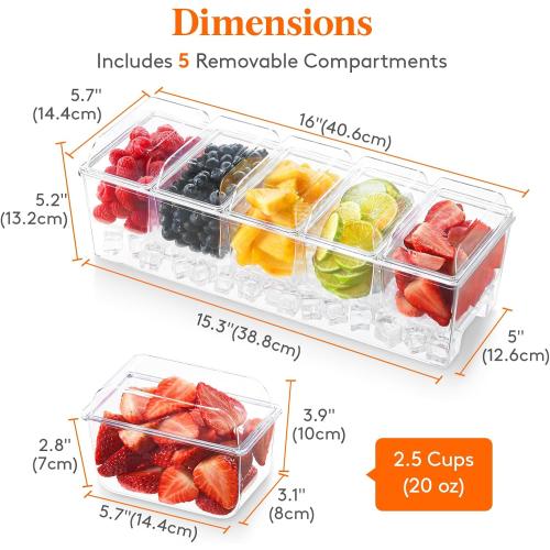 Lifewit Ice Chilled Condiment Caddy with 5x 20oz(2.5 cup) Containers, 15.3 Condiment Server with Separate Lids, Serving Tray Platter with Removable Dishes for Bar, Fruit, Salad, Taco, Party Garnish