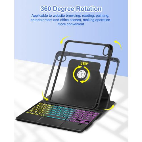 Touchpad Keyboard Case for iPad (A16) 11th 10th Generation, 360 Rotation Cover with Pencil Holder Wireless Backlit Detachable Keypad for iPad 11 inch 2025/10 Gen 10.9 2022 Black