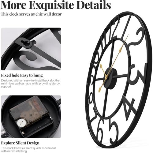 Cuspin Large Wall Clock for Living Room Decor, 30 Inch Decorative Wall Clocks Battery-Operated Silent Non Ticking Metal Modern Black Round Clock Arabic Numerals