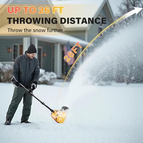 Cordless Snow Shovel, 21V Brushless Motor, 4.0AH Electric Snow Blower, 14 Clearing Path - 26 ft Throwing Distance for Sidewalk, Deck & Patio(2 * 4.0Ah Battery & Quick Charger Included)