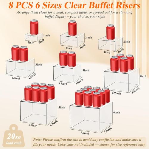 8 Pcs Clear Acrylic Buffet Risers with Mini Sign and Maker,Buffet Risers and Stands Clear Food Display Risers for Buffet Table Party Catering Dessert Cupcake Collectibles (8 7 6 5 5 4 4 3)