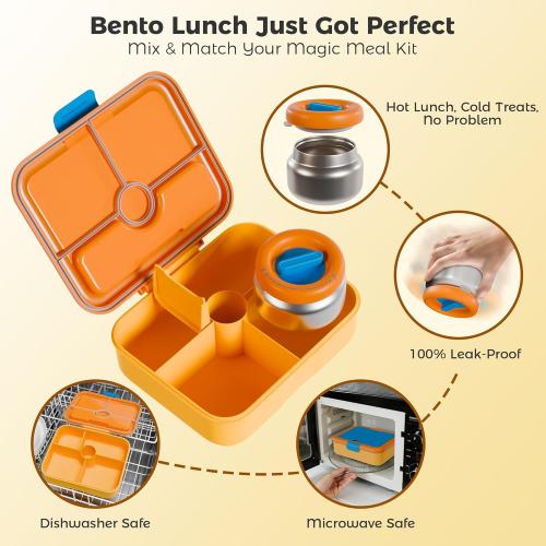 Kids Bento Lunch Box with Thermo: 8oz Insulated with Leak Proof Vacuum - 4 Compartment Hot Food Jar Insulated Lunch Bag - Two Temperature Zones - for Toddler Girls Boys School Trvael (Blue)