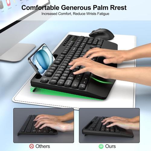 Wireless Keyboard and Mouse Combo with Palm Rest, Phone Holder, Full-Size Quiet Wireless Ergonomic Keyboard and Mouse, Comfortable Natural Typing Compatible for Windows, Laptop, Mac, PC