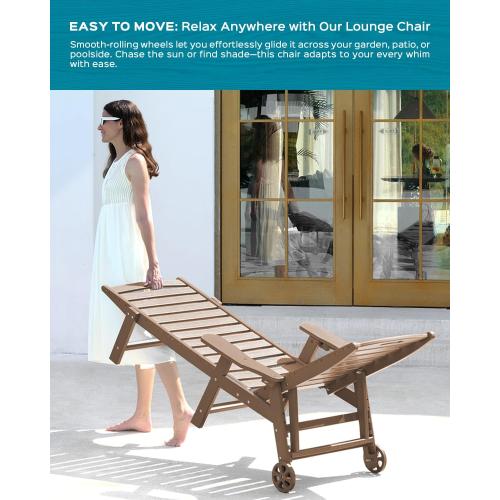 Oversized Outdoor Chaise Lounge Chair, HDPE Patio Chair with Wheels | Oversized outdoor HDPE chaise lounge with wheels & cup holder, 5 adjustable position, UV-resistant for patio, pool & backyard