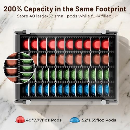 EVERIE Nespresso Vertuo Pod Holder Drawer, Coffee Pod Organizer with Universal Slots, Holds 40 Large or 52 Small Capsules, Tempered Glass Top Storage Drawer for Coffee Makers, 12 x 16.5 x 3.5