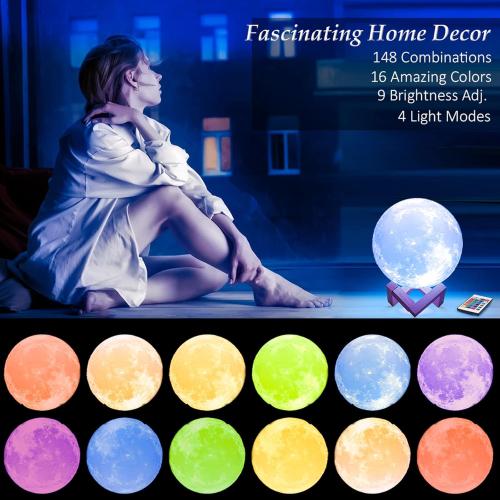 Mydethun 16 Colors Moon Lamp with 148 Combination Modes, Moon Light Christmas Day Gift, LED Night Light Lamp for Women, Kids, Girls, Bedroom, Home Decor w/Remote Control, 5.9 inches, w/Wood Stand