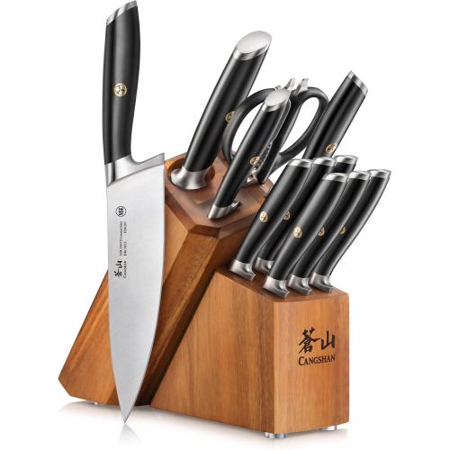 Cangshan L Series 12-Piece Knife Block Set with 6 Steak Knives, Forged German Steel, Acacia Block, Black, 1026061