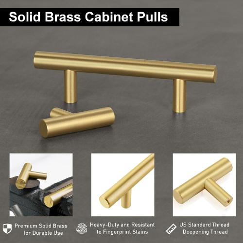 QOGRISUN 5-Pack Solid Brass Cabinet Pulls, Gold Euro Style T Bar Handles, 6-1/4-Inch Hole Center for Kitchen Drawer Dresser Cupboard, 8.7-Inch Total Length, Brushed Brass Finish