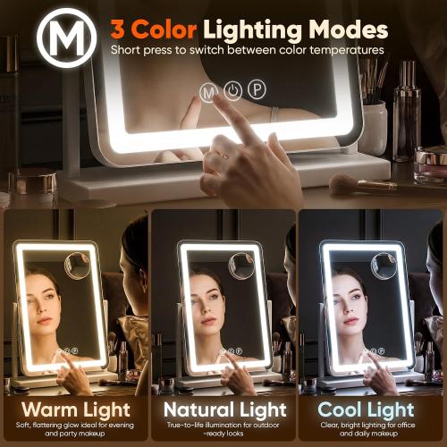 Antok Vanity Mirror with Lights, 14X18 Lighted Makeup Mirror, Smart Touch, 3 Color Modes and Brightness Adjustable, LED Vanity Mirror with Detachable 10X Magnification, 360° Rotation for Makeup Desk