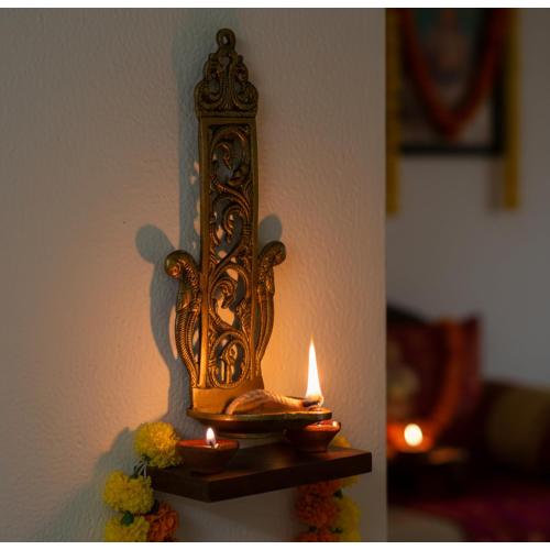 eSplanade - Ethnic Indian Design Peacock Brass Wall Hanging Diya - 11 Inches | Home Decor |Brass Diya | Deepam | Lamps | Kuthu Vilakku |
