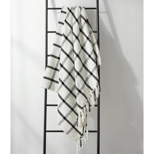 Farmhouse Breathable Soft and Warm Chenille Plaid Throw Blanket for Sofa Couch Bed, Home Decoration Throw with Tassles (Black & White)