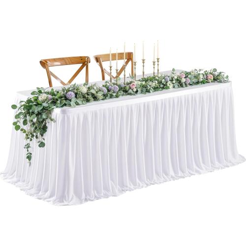 Wish Care 9ft Long White Table Skirt for Rectangle Tables Decorations - Wrinkle Resistant Polyester Pleated Table Skirting Desk Skirt for Office Baby Shower Birthday Party Wedding Banquet
