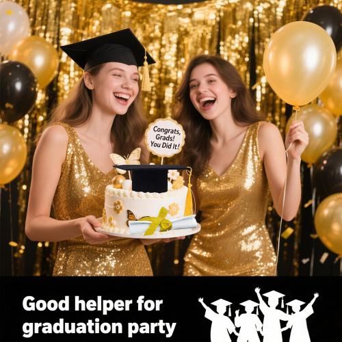 2 Pieces Graduation Cap Cake Topper With Diploma Class of 2026 Graduation Cake Decoration Kit Party Supplies (Black)