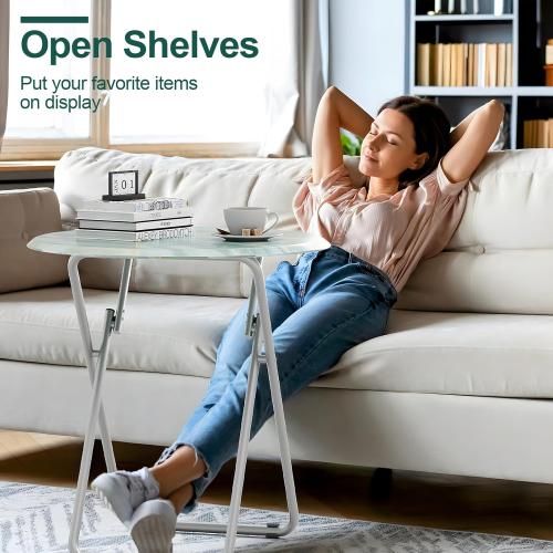 TV Tray Round Table, Small Foldable Table, Portable Dinner Table for Eating, Snack Side Trays Table Set of 2, No Assembly Required (Ocean Blue Marble, 2Pcs)