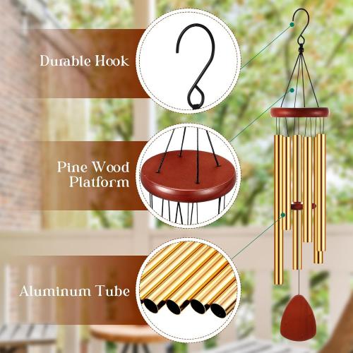 Leinuosen Wind Chimes for Outside Wind Chimes Outdoors Deep Tones 28 with 6 Aluminum Tubes Memorial Sympathy Windchime for Valentine Tree Decor Garden Courtyard Mom Loved One Gifts(Classic,Gold)