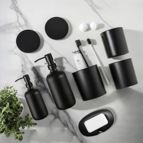 6 Pcs Matte Black Bathroom Accessories Set, Modern Luxury Liquid Soap Dispenser & Toothbrush Holder, Farmhouse Vanity Organizer with Cotton Swab Dispenser, Soap Dish, Tumbler for Bathroom Decor