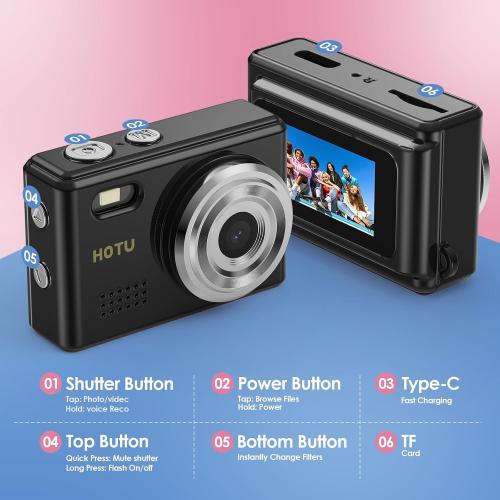 HOTU Mini Keychain Digital Camera, Y2K Pocket-Size Mini Camera, 2MP 1080P Small Camera with 8GB Card, Video Recorder with Long Battery Life for Travel, Party and Vlog (Black)
