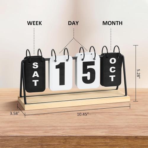 Metal Desk Calendar Standing Flip with Wooden Base, Daily Perpetual Flip Calendar with Large Display, Modern Farmhouse Desktop Calendar for Home Office Decor, Reusable and Foldable